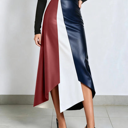 Jupe longue asymétrique femme à blocs de couleurs finition brillante