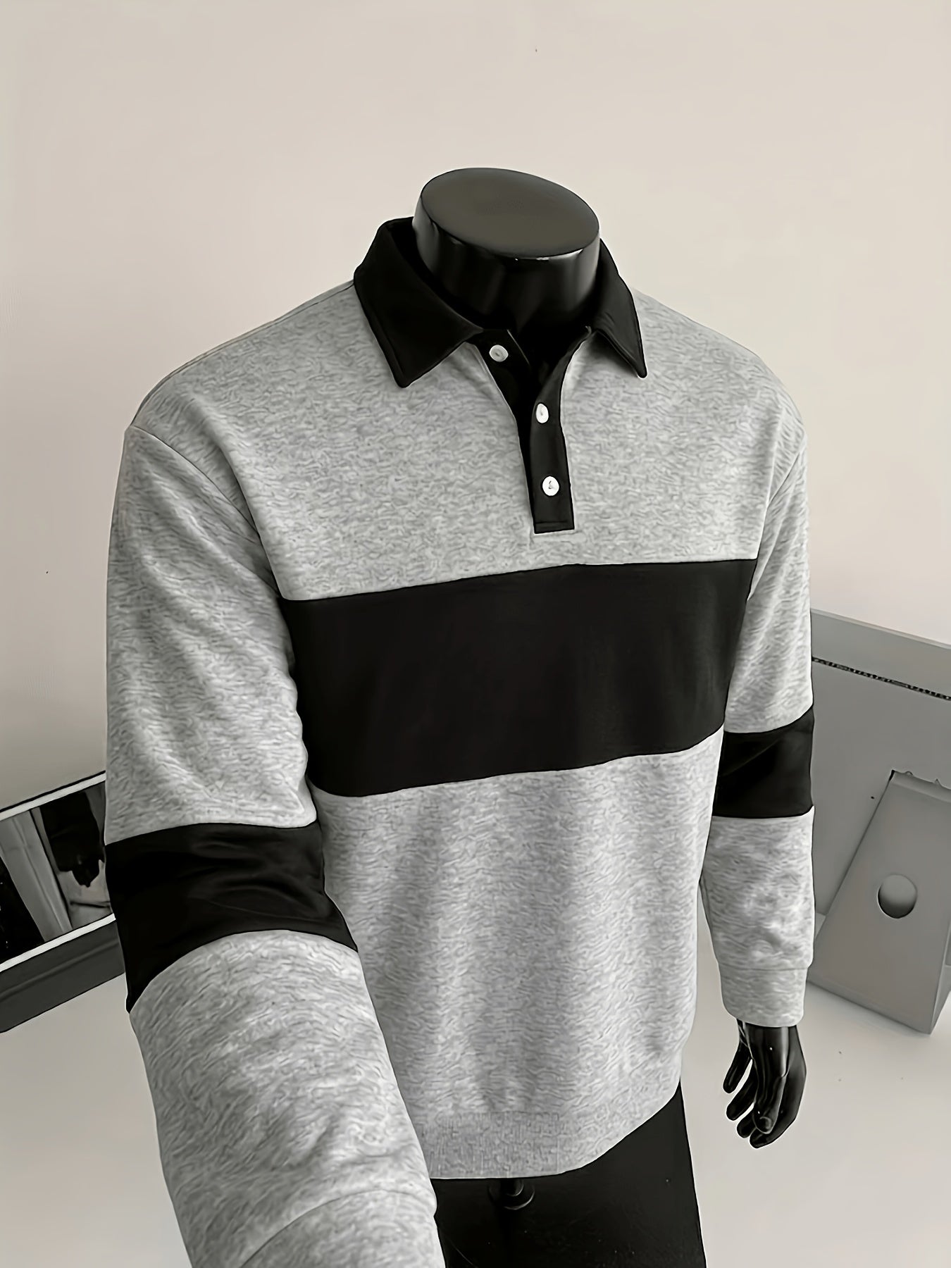 Polo à manches longues homme bicolore rayé col noir