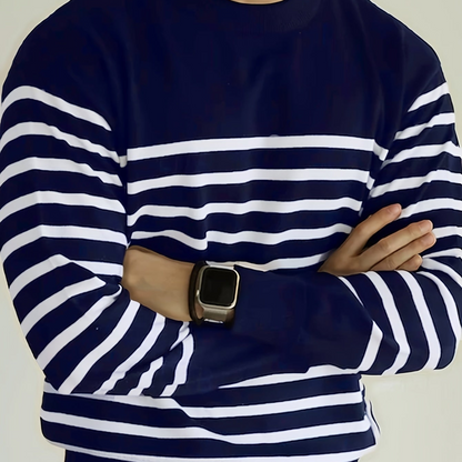 Pull Homme Marinière Col Rond Rayé Manches Longues Noir Blanc