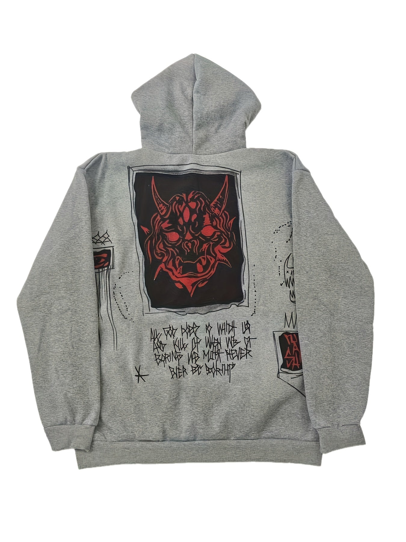Sweat à Capuche Unisexe Gris Fermeture Éclair Motif Tête de Mort et Visage