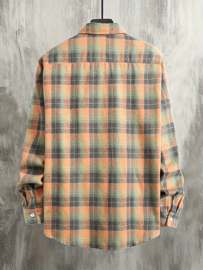 Chemise à carreaux homme, manches longues, orange et gris, style décontracté