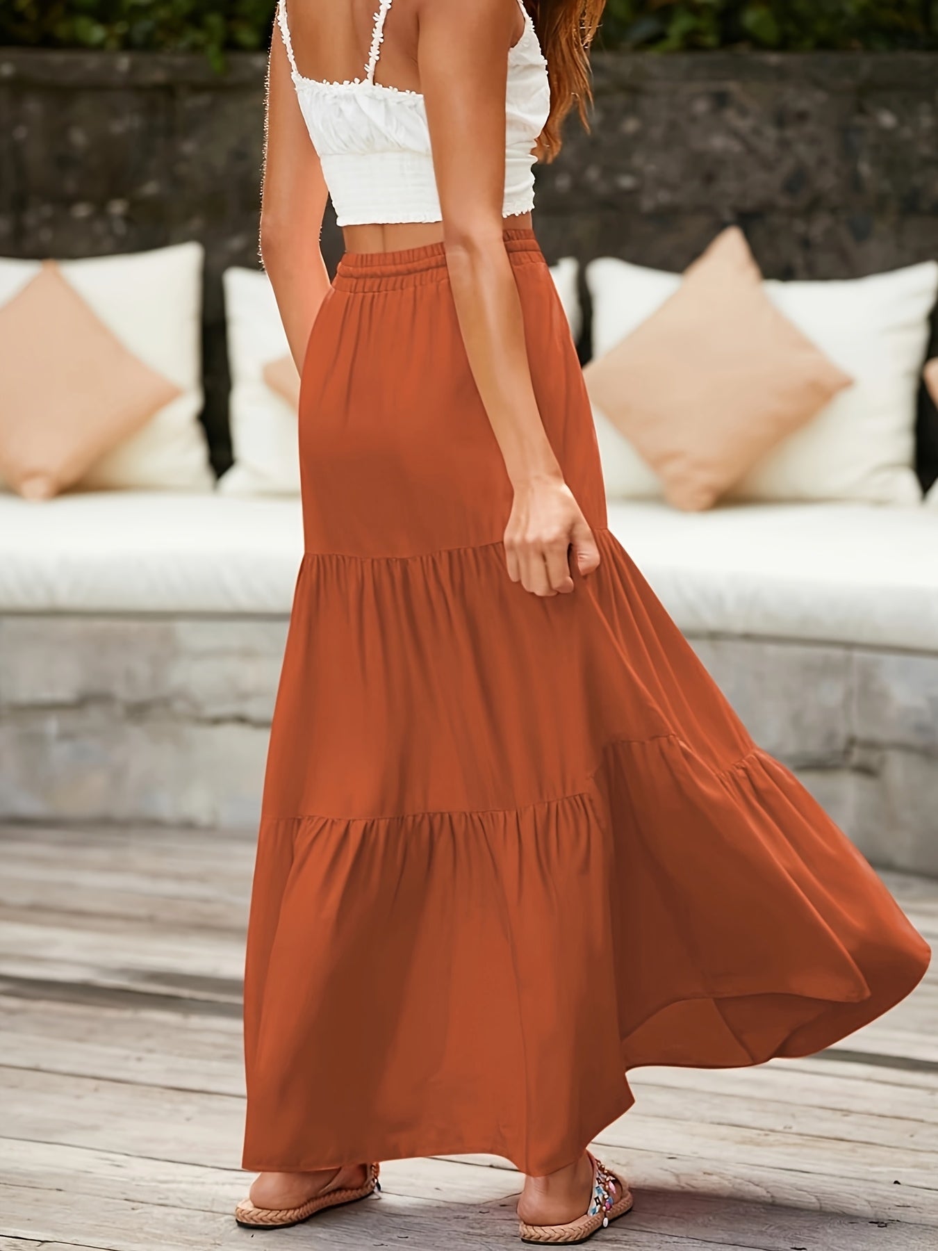 Casual lange rok met volant voor dames, elastische taille, ideaal voor zomer en strand
