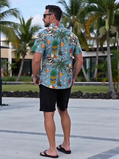 Hawaiihemd für Herren mit tropischem Motiv, Totenkopf und Dollarzeichen – lässiger Sommer-, Strand- und Urlaubsstil  