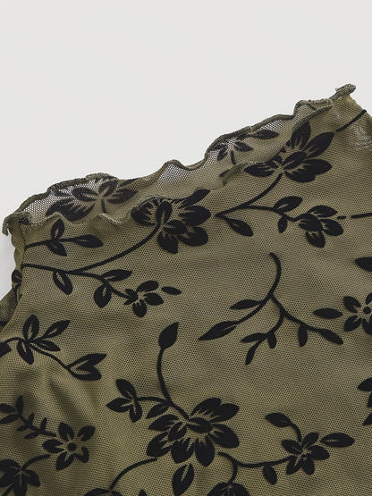 Top donna stile elegante con stampa floreale trasparente e collo alto