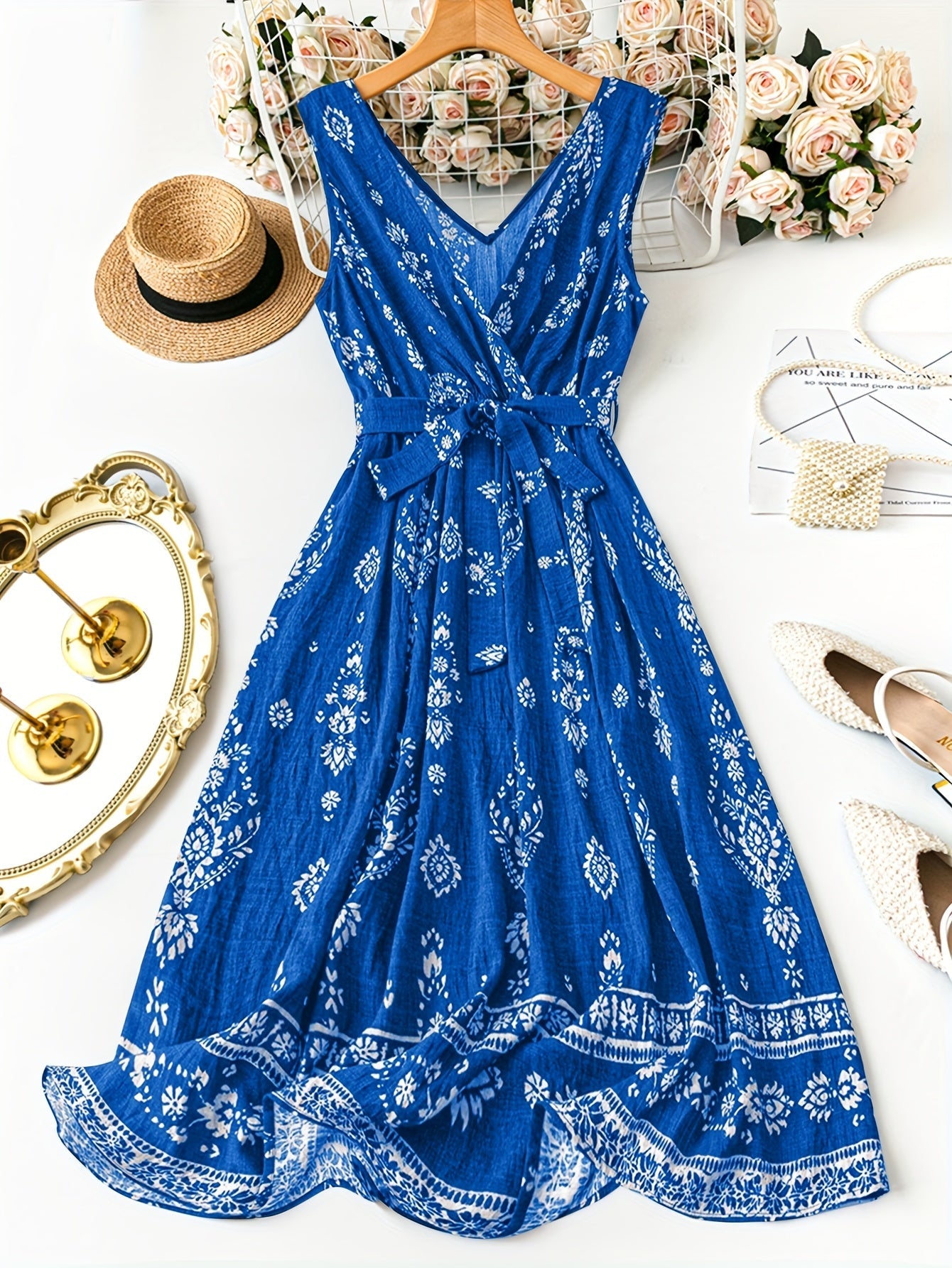 Vestido largo bohemio para mujer con estampado damasco y cinturón, estilo vintage chic
