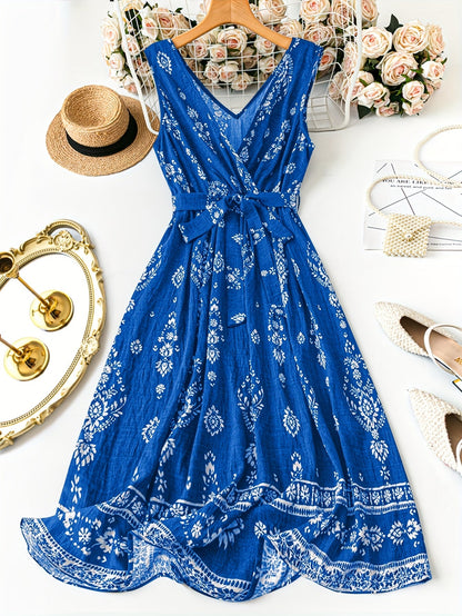 Vestido largo bohemio para mujer con estampado damasco y cinturón, estilo vintage chic