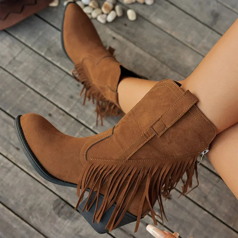 Bottes courtes style western frangées pour femme, bout pointu, couleur marron camel