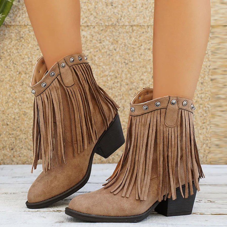Bottes courtes style western frangées pour femme, bout pointu, couleur marron camel