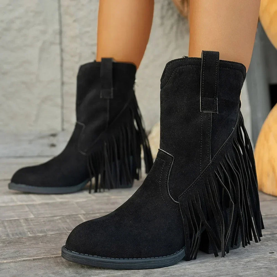 Bottes courtes style western frangées pour femme, bout pointu, couleur marron camel