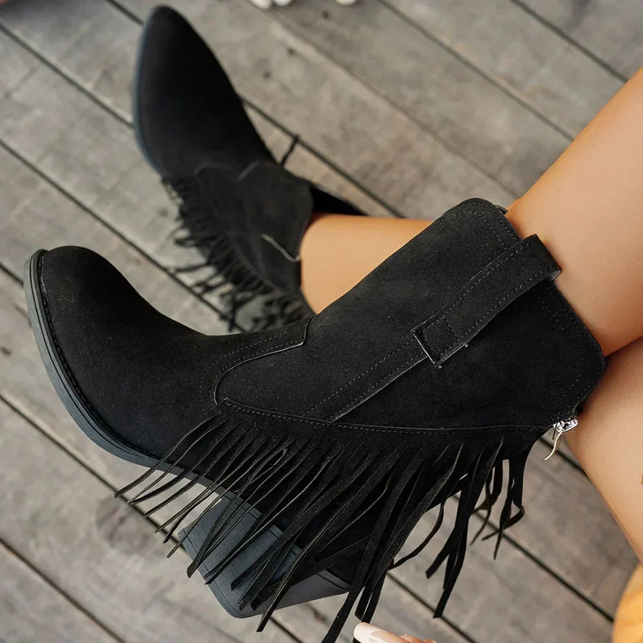 Bottes courtes style western frangées pour femme, bout pointu, couleur marron camel
