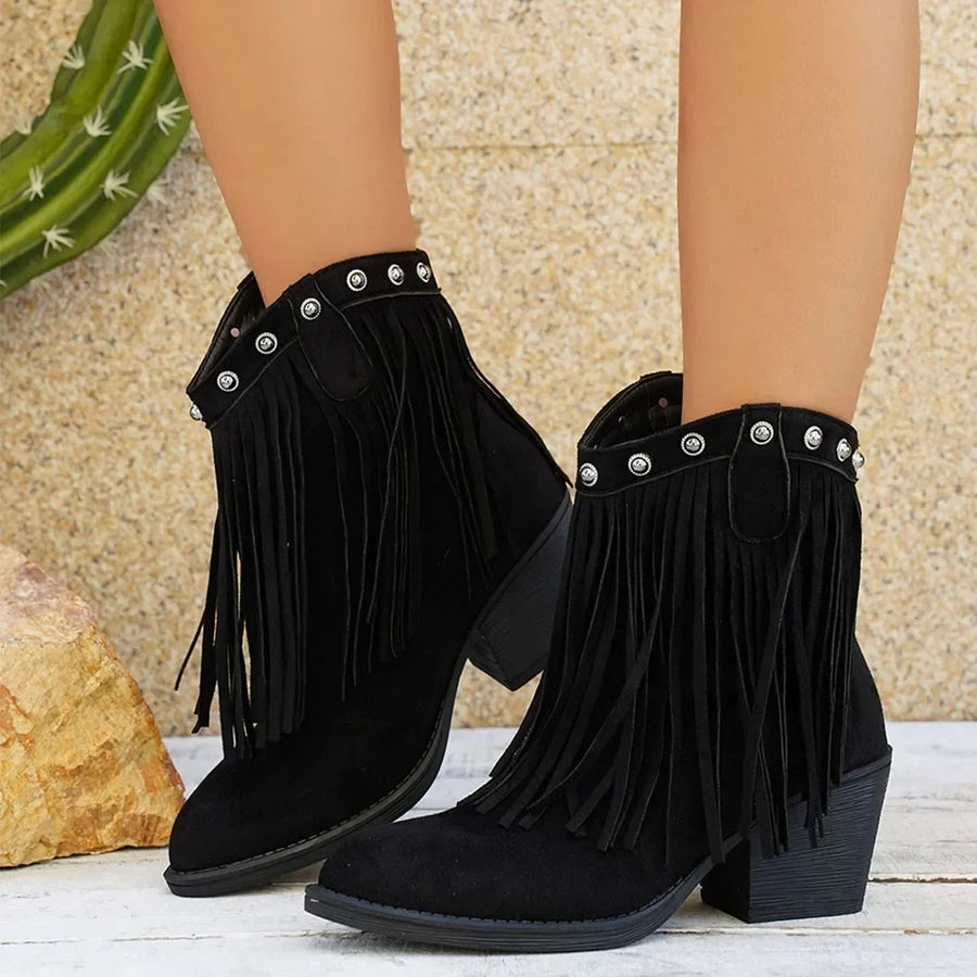 Bottes courtes style western frangées pour femme, bout pointu, couleur marron camel