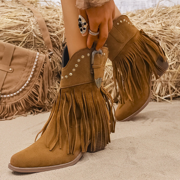 Women's Western-style boots with fringe, studs, and buckle