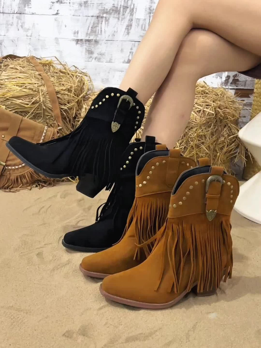 Westernstiefel für Damen mit Fransen, Nieten und Schnalle
