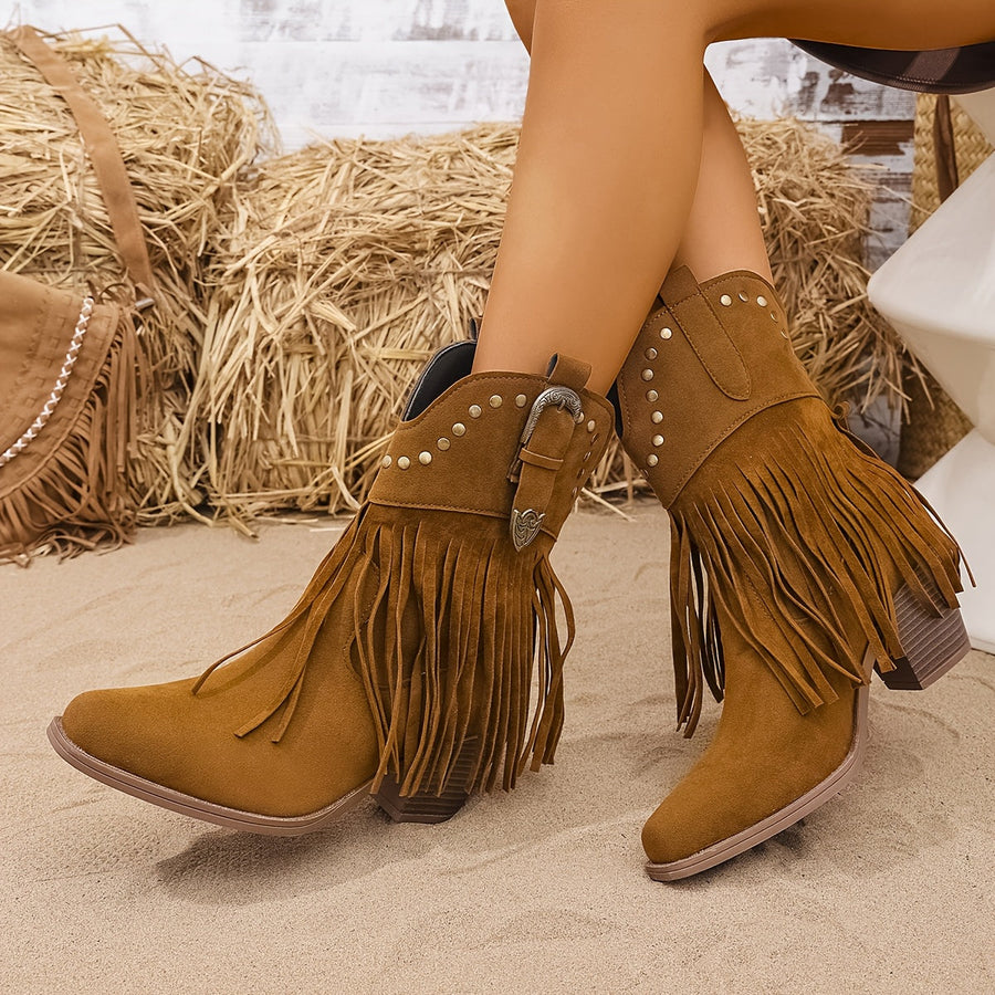 Westernstiefel für Damen mit Fransen, Nieten und Schnalle