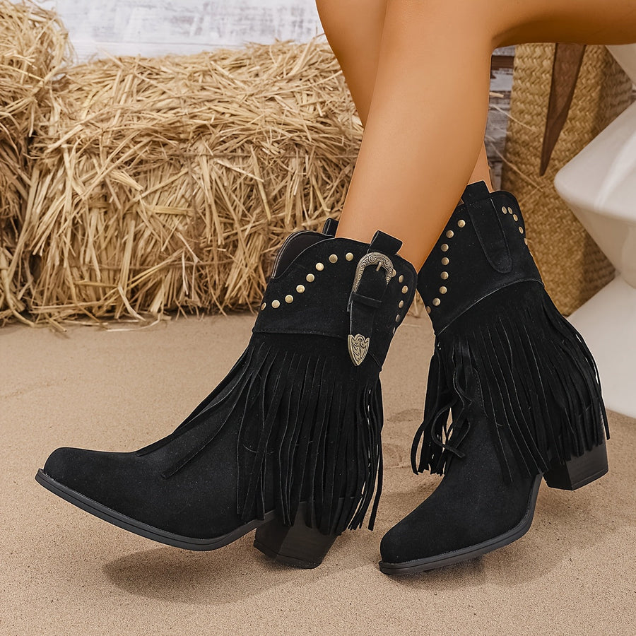 Westernstiefel für Damen mit Fransen, Nieten und Schnalle