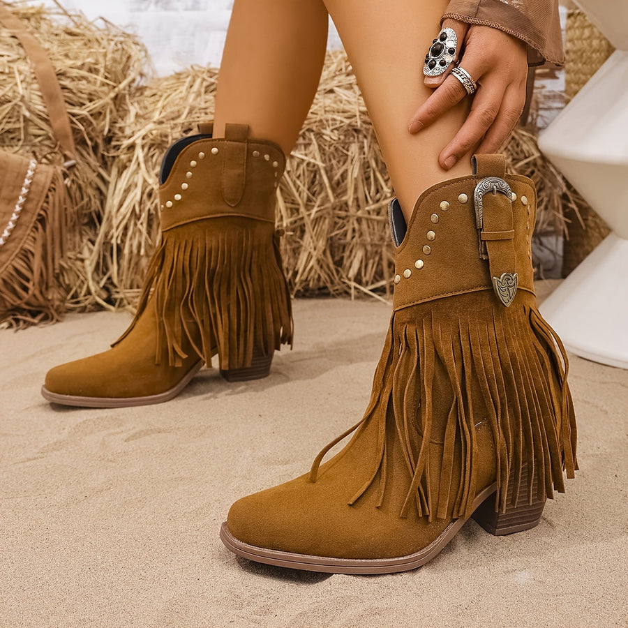 Westernstiefel für Damen mit Fransen, Nieten und Schnalle