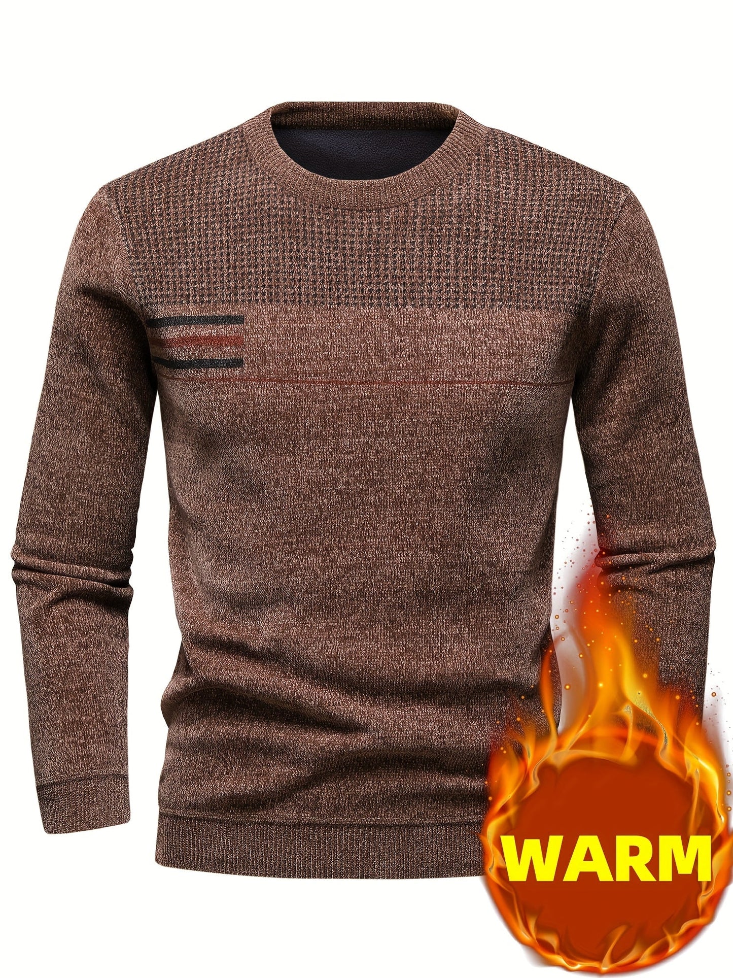 Pull Homme Col Rond Tricoté Maille Texturée Rayures Poitrine Manches Longues