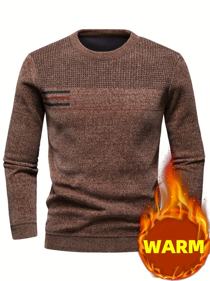 Pull Homme Col Rond Tricoté Maille Texturée Rayures Poitrine Manches Longues