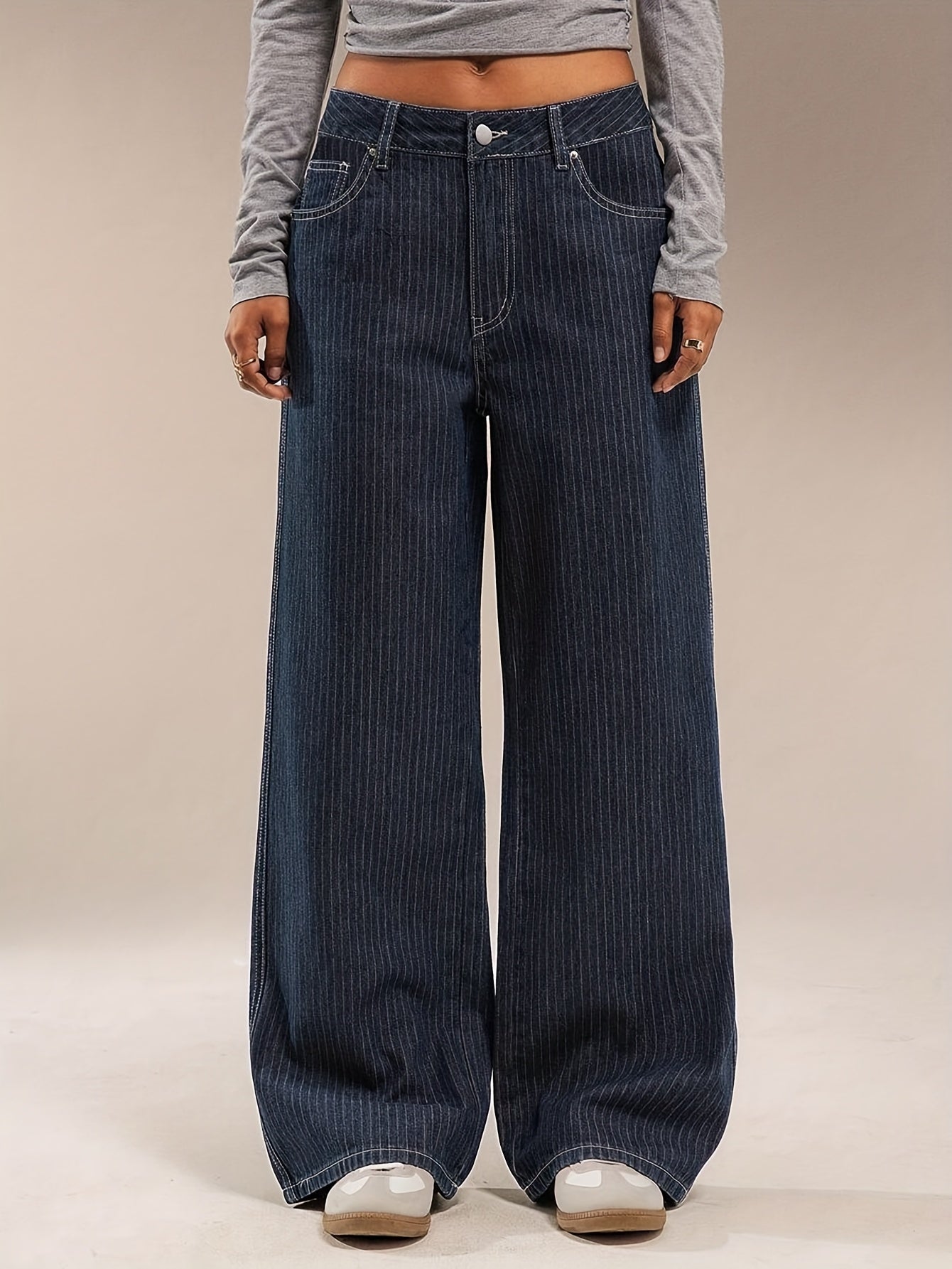 Jean large délavé bleu marine rayé taille haute pour femme