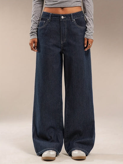 Jean large délavé bleu marine rayé taille haute pour femme