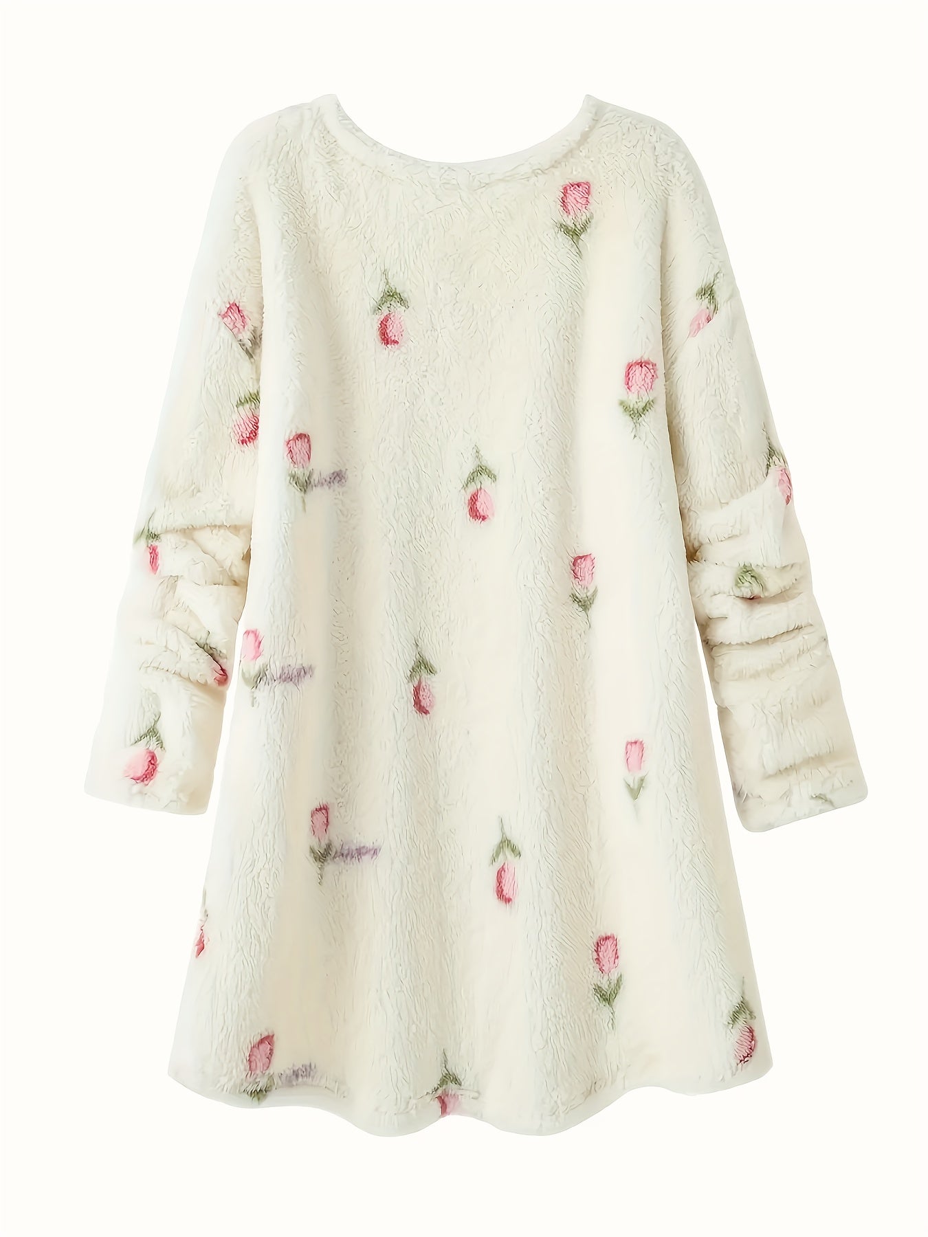Robe de Nuit Molletonnée Femme Crème à Motifs Floraux Manches Longues