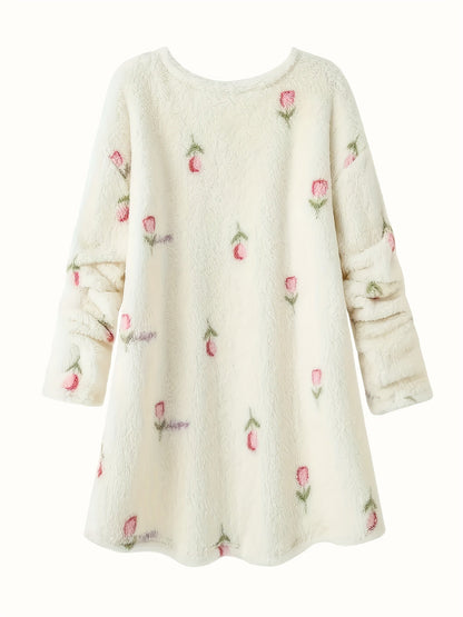 Robe de Nuit Molletonnée Femme Crème à Motifs Floraux Manches Longues