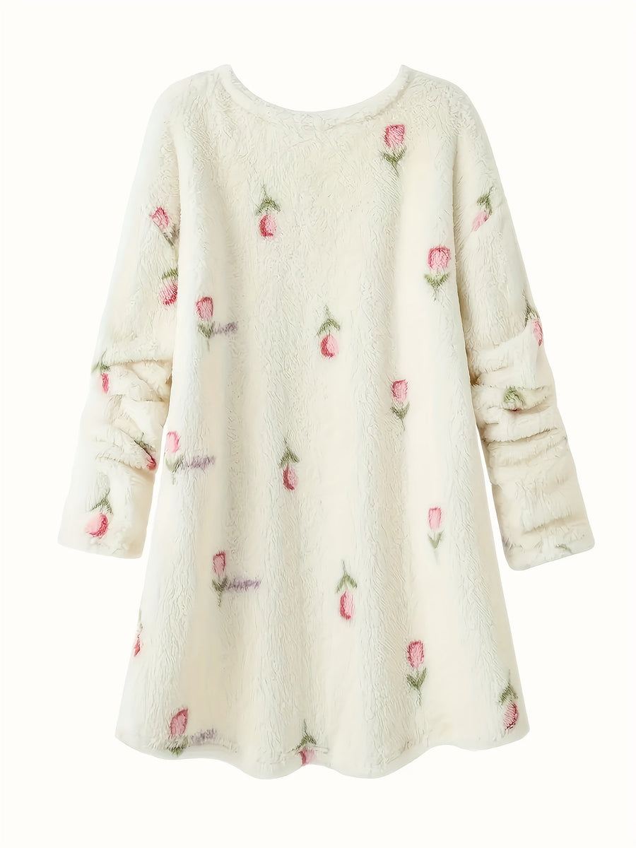 Robe de Nuit Molletonnée Femme Crème à Motifs Floraux Manches Longues
