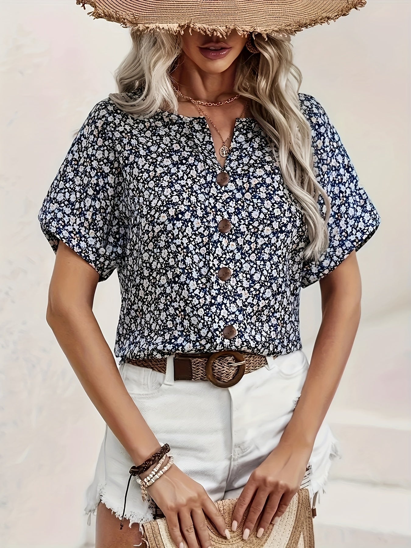 Chemisier Femme Élégant à Fleurs Boutonné Style Printanier Été