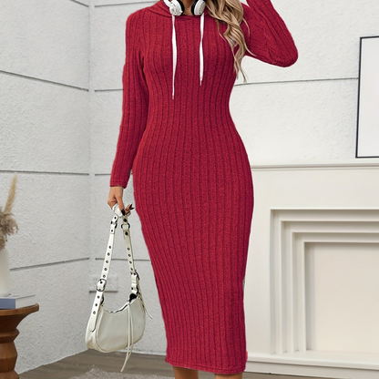 Robe longue côtelée à capuche Femme, manches longues, ajustée