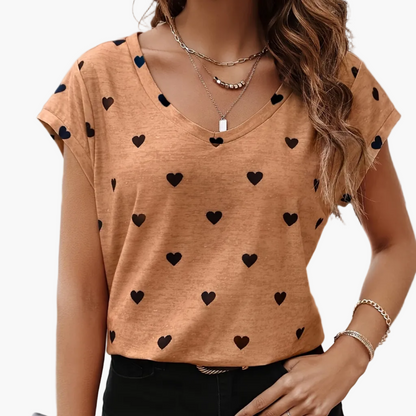 Elegant dam-T-shirt med hjärtmönster, V-ringning, somrig och chic stil