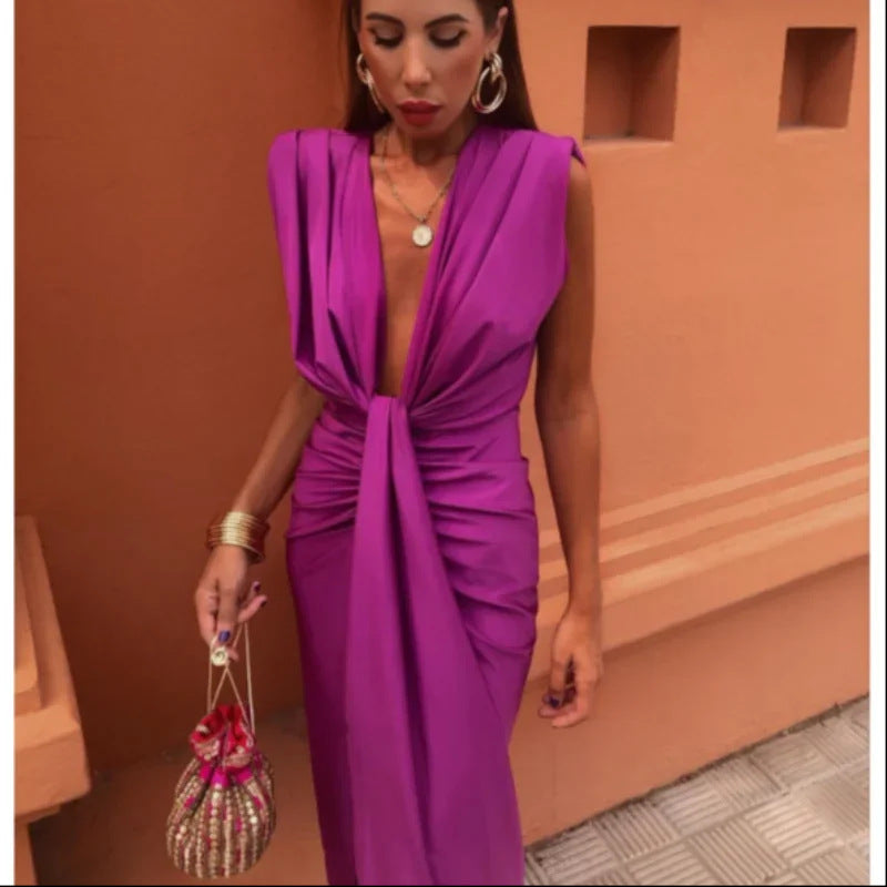 Robe de soirée élégante pour femme à décolleté profond et taille haute, style glamour