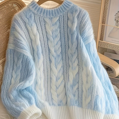 Pull en maille tressée bicolore bleu ciel et blanc col rond doux