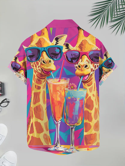 Lässiges hawaiianisches Herren-Hemd mit Giraffen- und Cocktail-Motiv – sommerlich und originell  