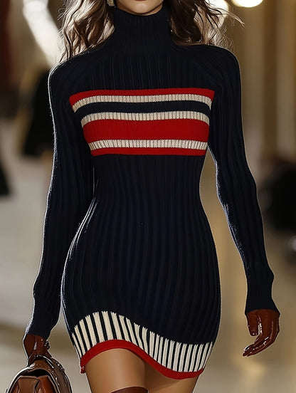 Robe côtelée moulante femme bleue marine à col roulé rayures rouge et blanc