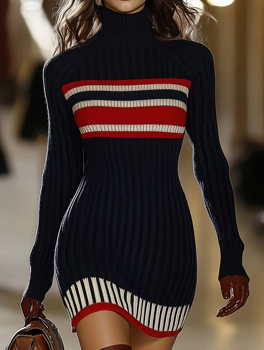 Robe côtelée moulante femme bleue marine à col roulé rayures rouge et blanc