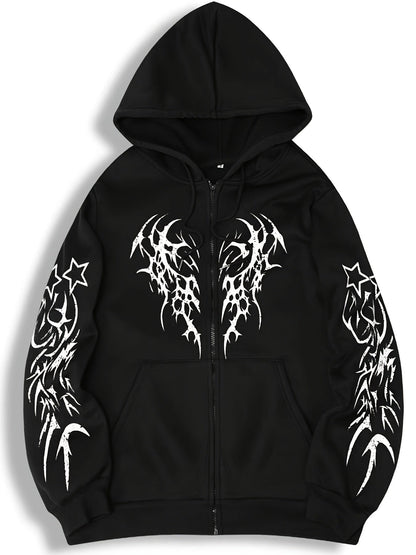 Sweat à capuche zippé noir avec motif tribal rouge manches longues