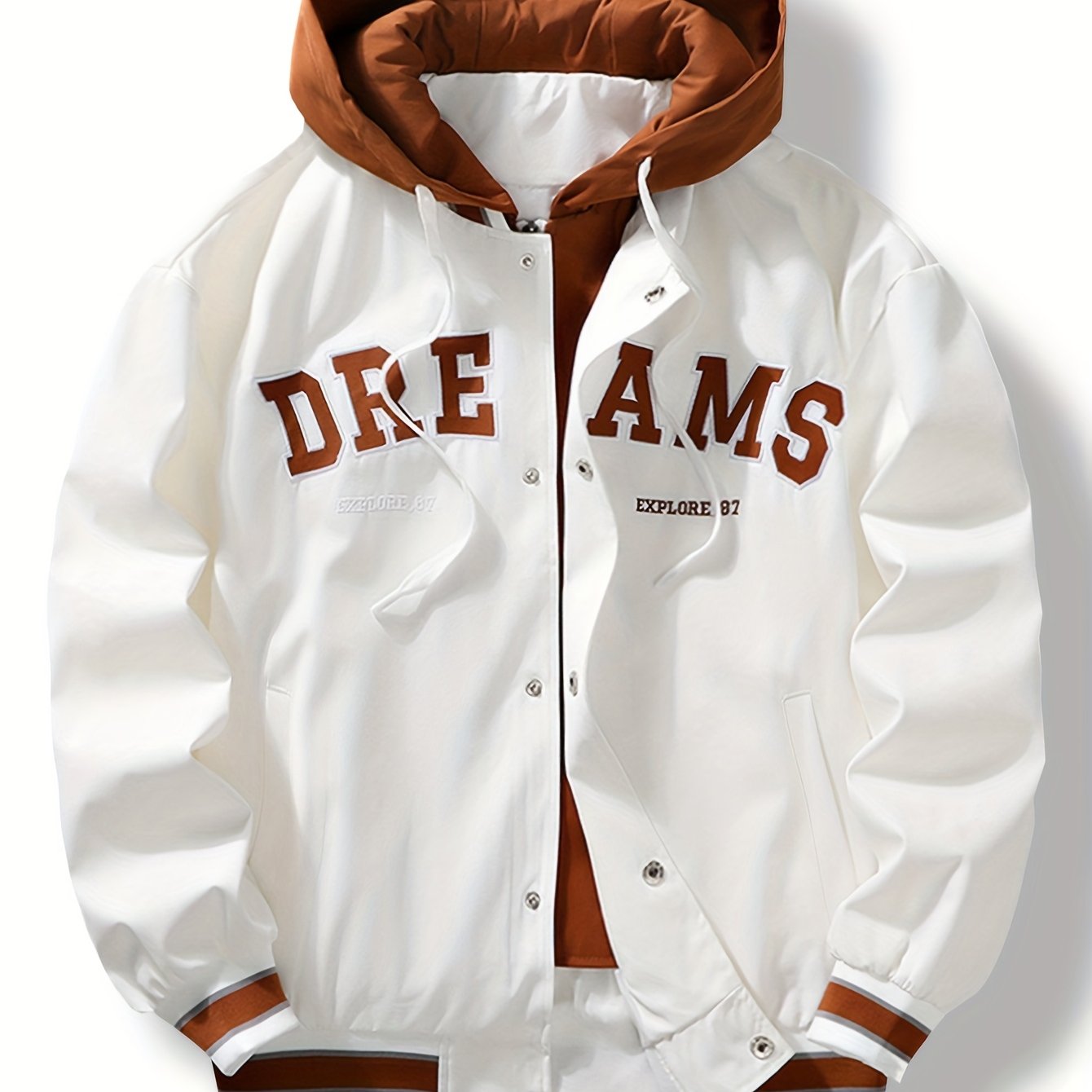 Veste universitaire bicolore blanche et marron pour homme avec capuche et inscription "DREAMS"