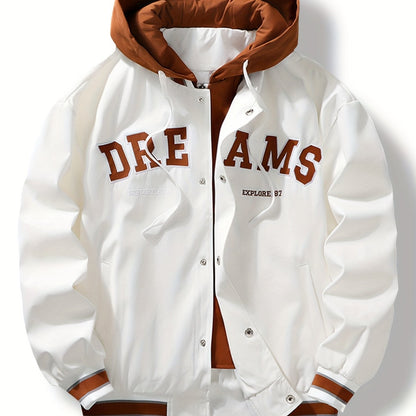 Veste universitaire bicolore blanche et marron pour homme avec capuche et inscription "DREAMS"