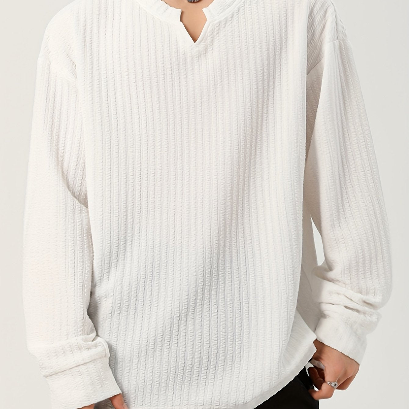 T-shirt Homme Manches Longues Texture Texturée Col V Doux Couleur Unie