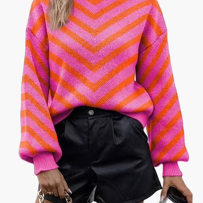 Elegancki sweter damski w paski jodełkowe, styl jesienno-zimowy, z długim rękawem, luźny krój