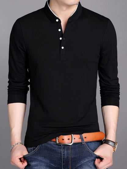 T-shirt Polo Homme Manches Longues Col Mao Rouge Bordeaux
