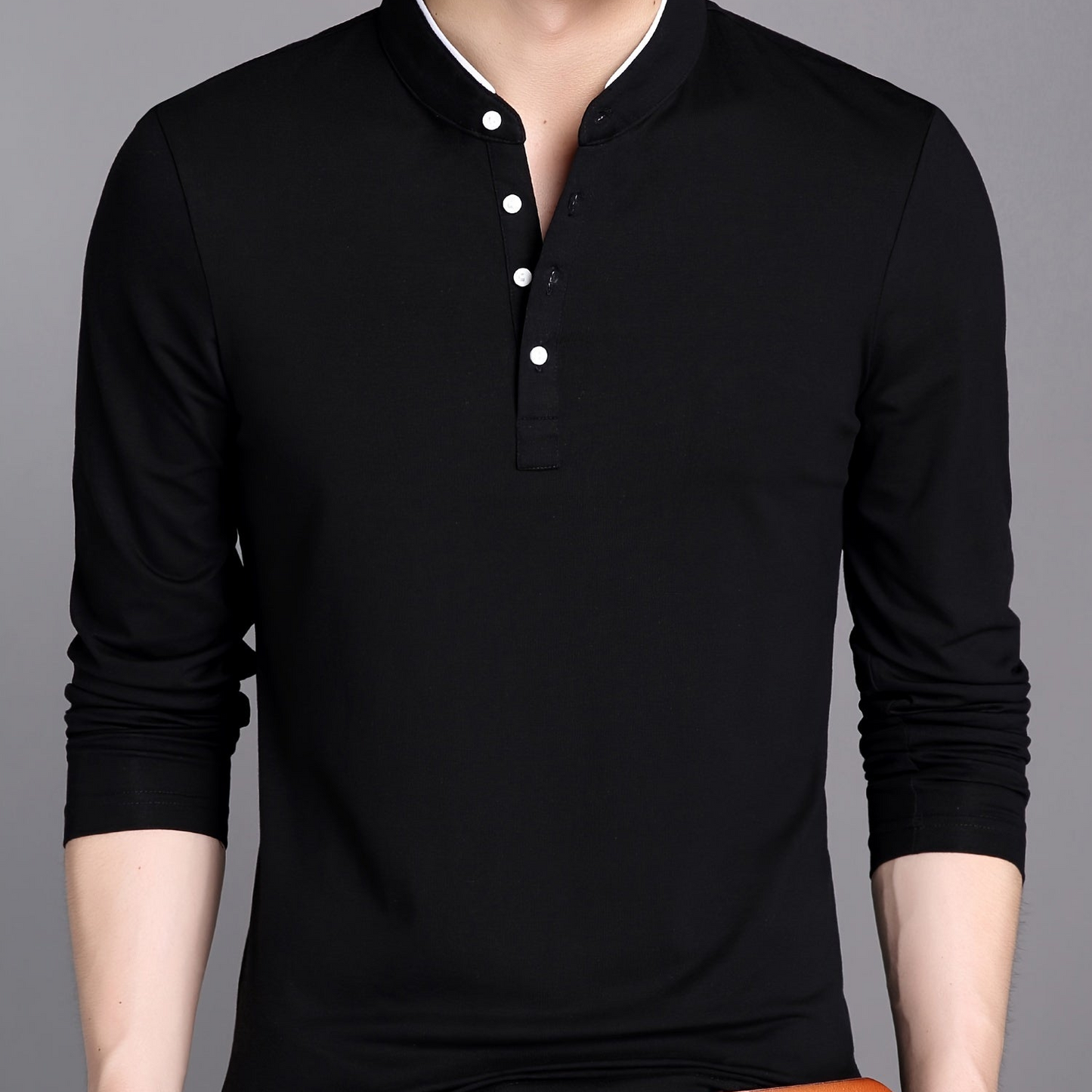 T-shirt Polo Homme Manches Longues Col Mao Rouge Bordeaux