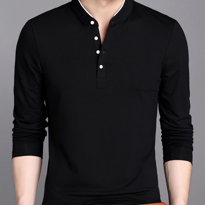 T-shirt Polo Homme Manches Longues Col Mao Rouge Bordeaux