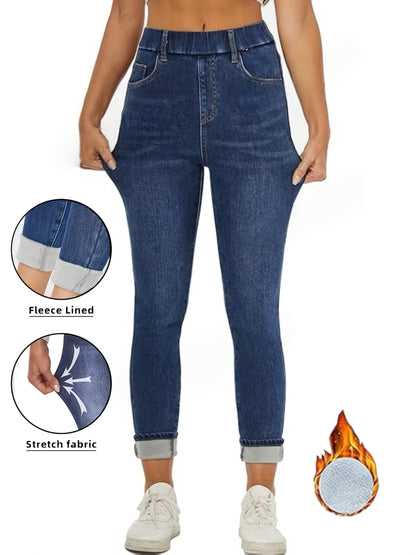 Jean slim femme bleu doublé thermique doux pour l'hiver