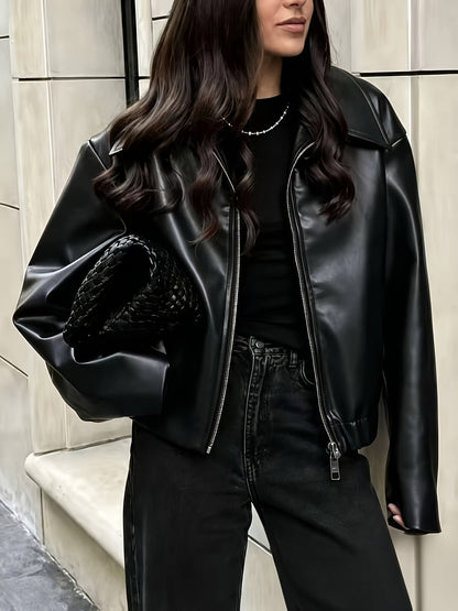 Veste courte bomber femme aspect cuir à fermeture éclair, col classique et ourlet côtelé