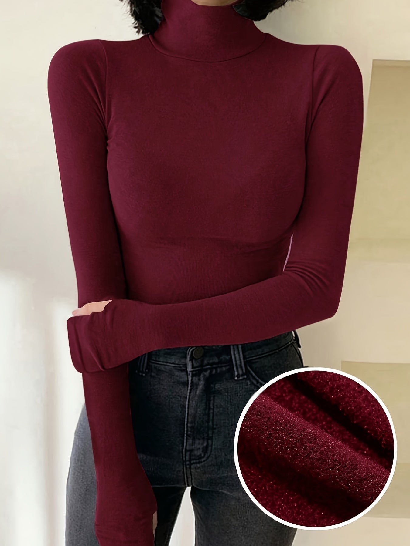 T-shirt Femme Col Roulé Manches Longues avec Trous pour Pouces Chaud Doux Couleur Unie