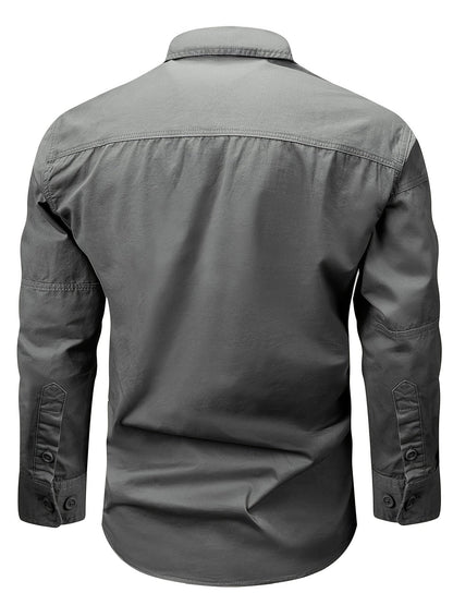 Chemise Homme Boutonnée Manches Longues à Poches Zippées Style Cargo Militaire