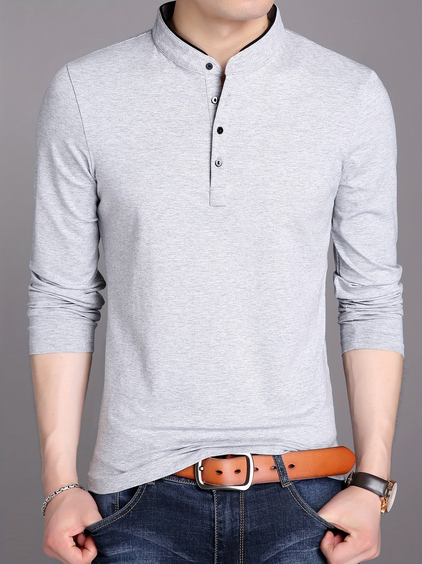 T-shirt Polo Homme Manches Longues Col Mao Rouge Bordeaux