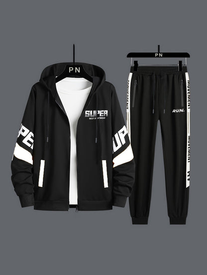 Ensemble Homme Sportif Noir avec Capuche et Bandes Latérales