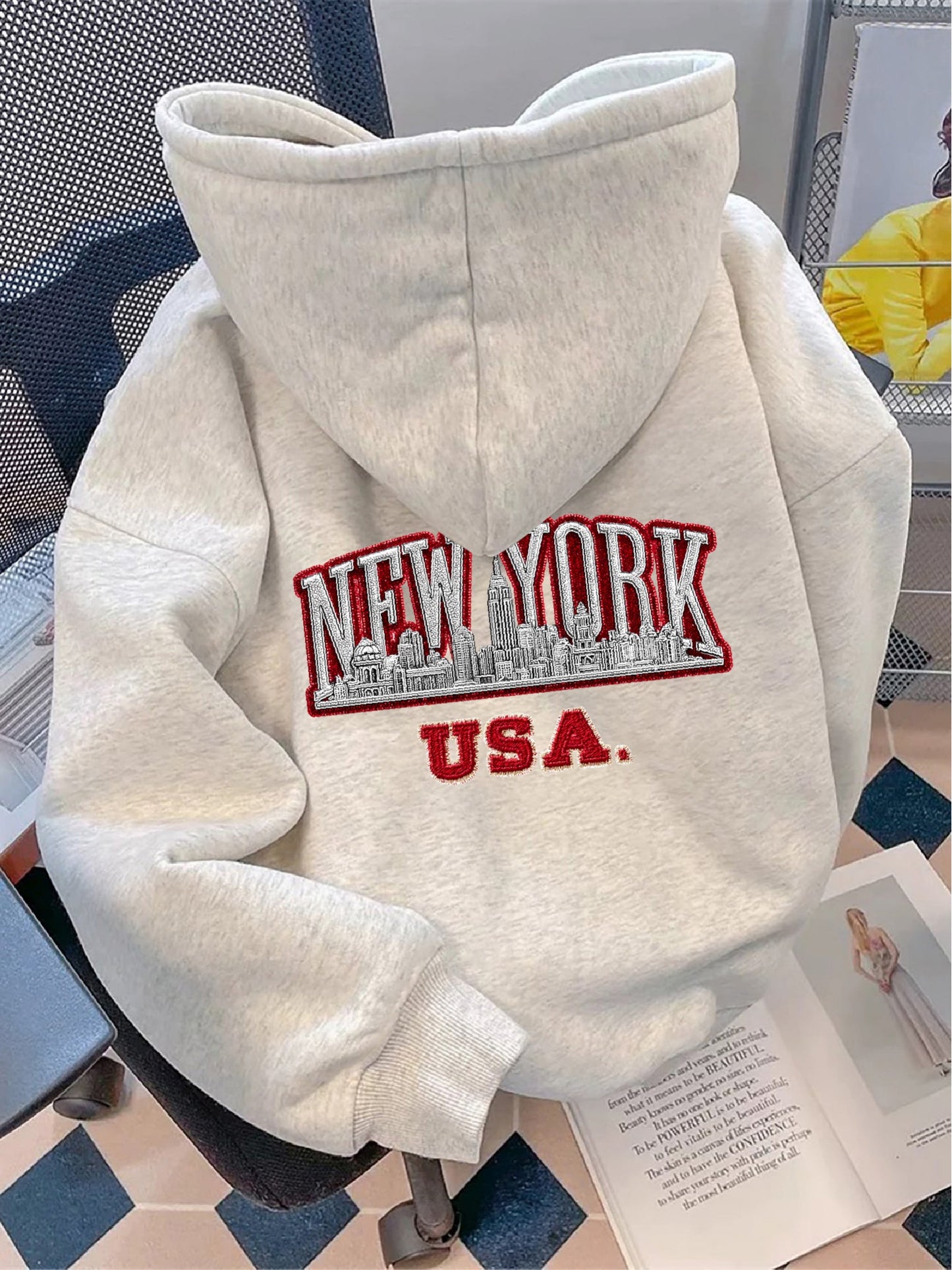 Sweat à Capuche Unisexe Gris Clair Imprimé New York USA